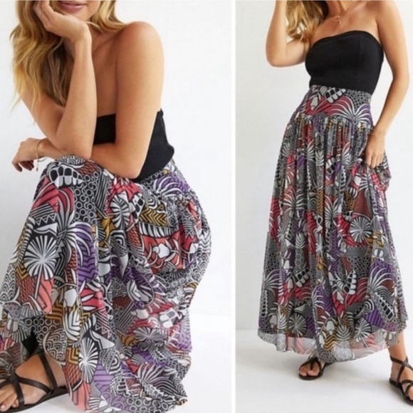 Farm Rio Anthropologie Tropical Maxi Skirt Mesh Overlay Medium U2 - Picture 1 of 9